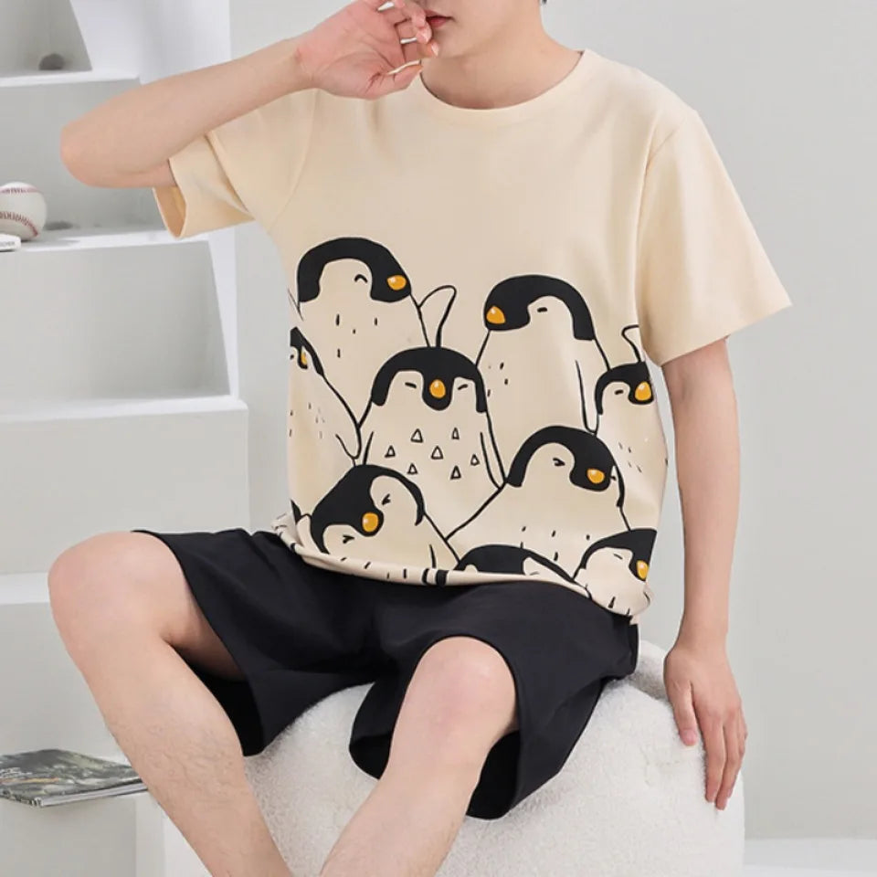 Summer 4XL Knitted Cotton Short Sleeved Men's Pajamas Sets Male Pajama Set Plaid Pajama For Men Sleepwear Suit Homewear mon
