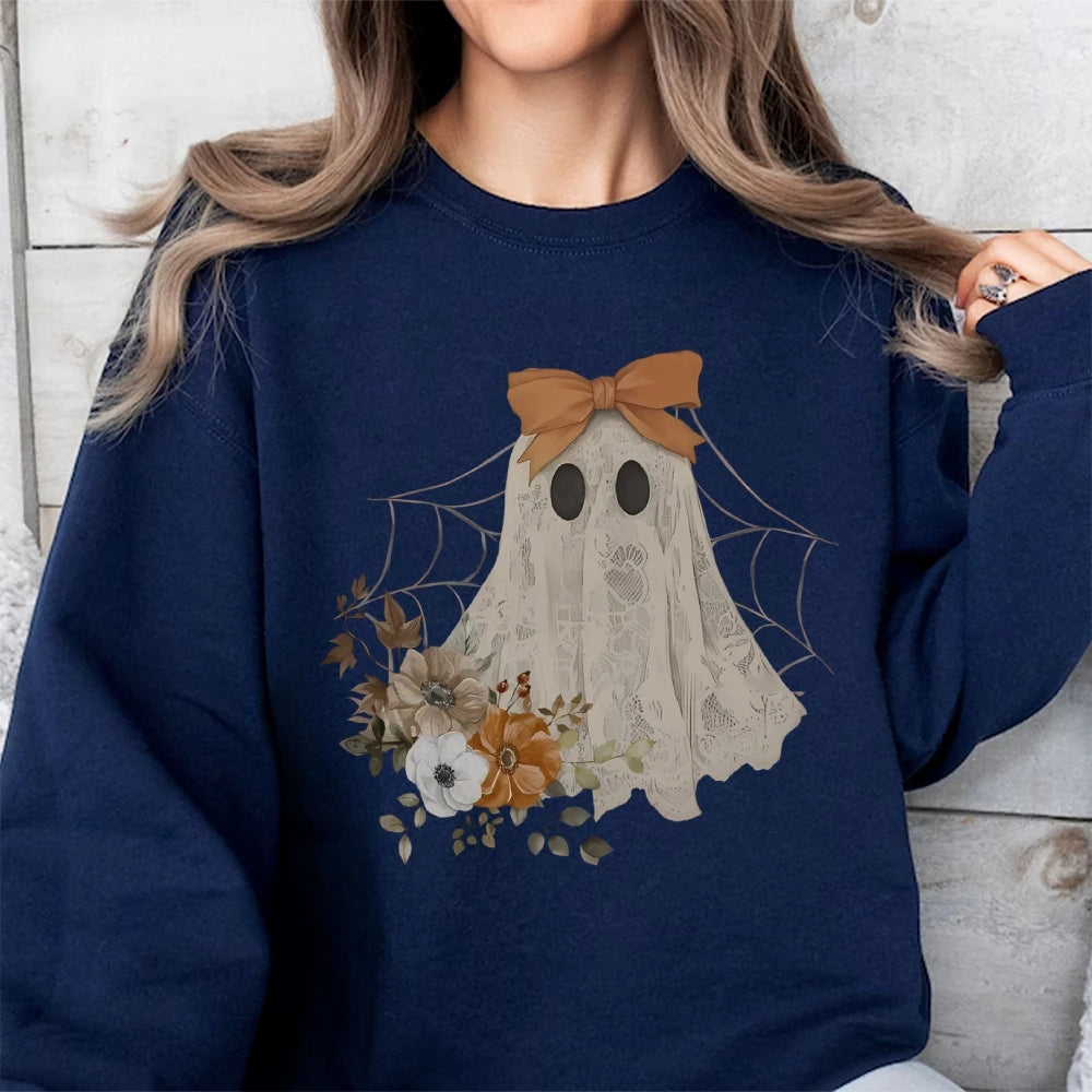 Loose Crew Neck Hoodie Cotton High Quality Soft Comfortable Halloween Cute Ghost Graphic Print Fashion Trend New Sweatshirt