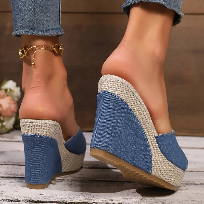 Fashion Blue Denim Wedge Sandals for Women Peep Toe Chunky Platform Slippers Woman Comfort Thick Sole Beach Slides