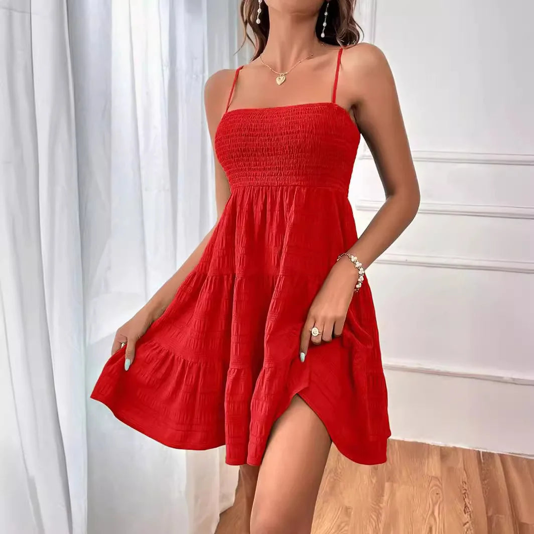 Bohemian Beach Sundress Women Sleeveless Backless Big Swing Mini Dress Solid Spaghetti Strap Ruffles Dresses