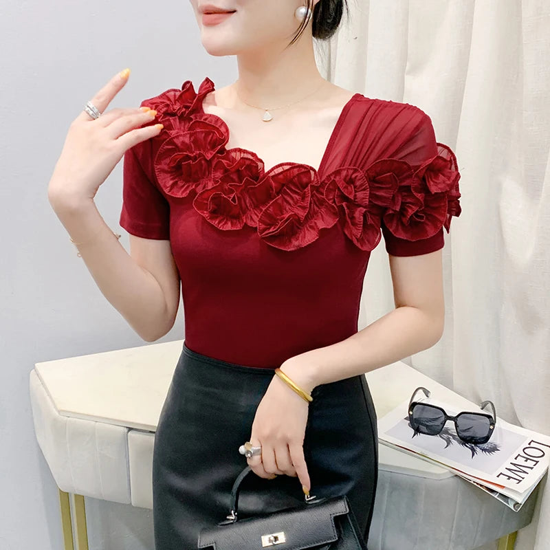 Summer Cotton T-shirts Chic Asymmetric Neckline Off-Shoulder Ruffle Trim Slim Fit Tee Exclusive Boutique Women's Casual Top