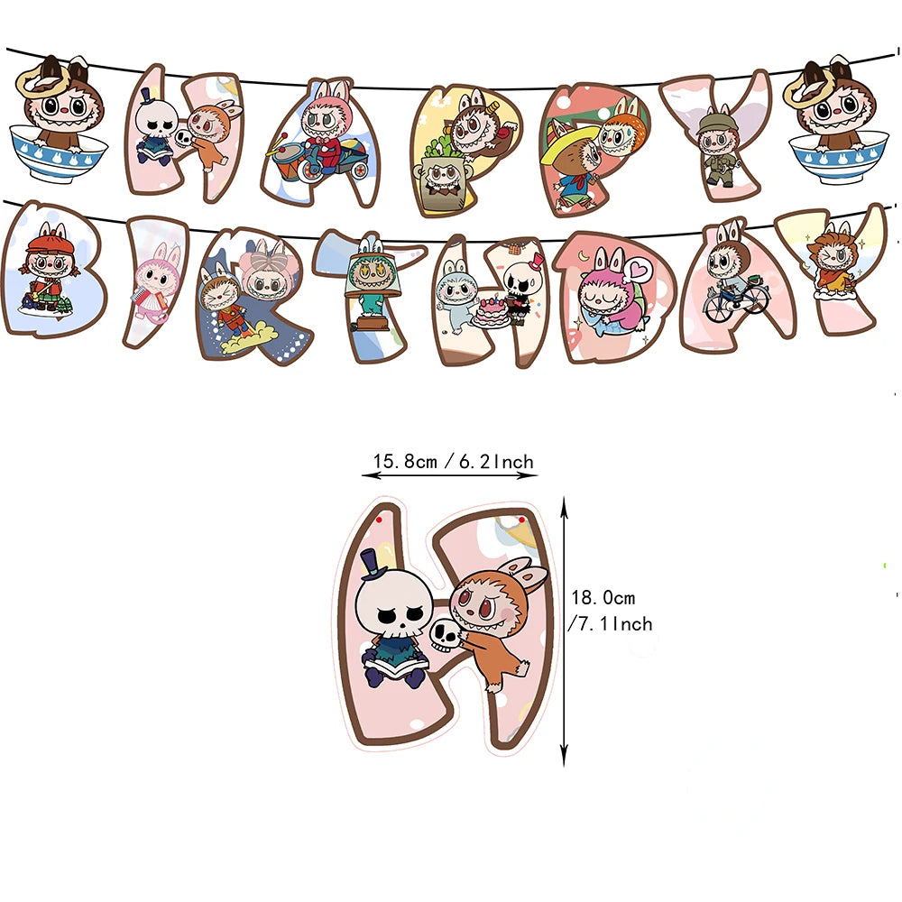 Cartoon LABUBU Theme Kids Birthday Party Banner Background Cake Topper Number Balloon Decoration Props Baby Party Supply Gifts
