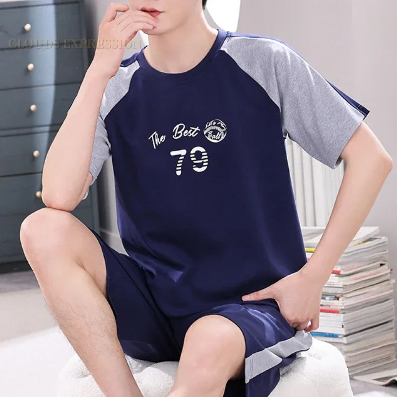 Summer 4XL Knitted Cotton Short Sleeved Men's Pajamas Sets Male Pajama Set Plaid Pajama For Men Sleepwear Suit Homewear mon