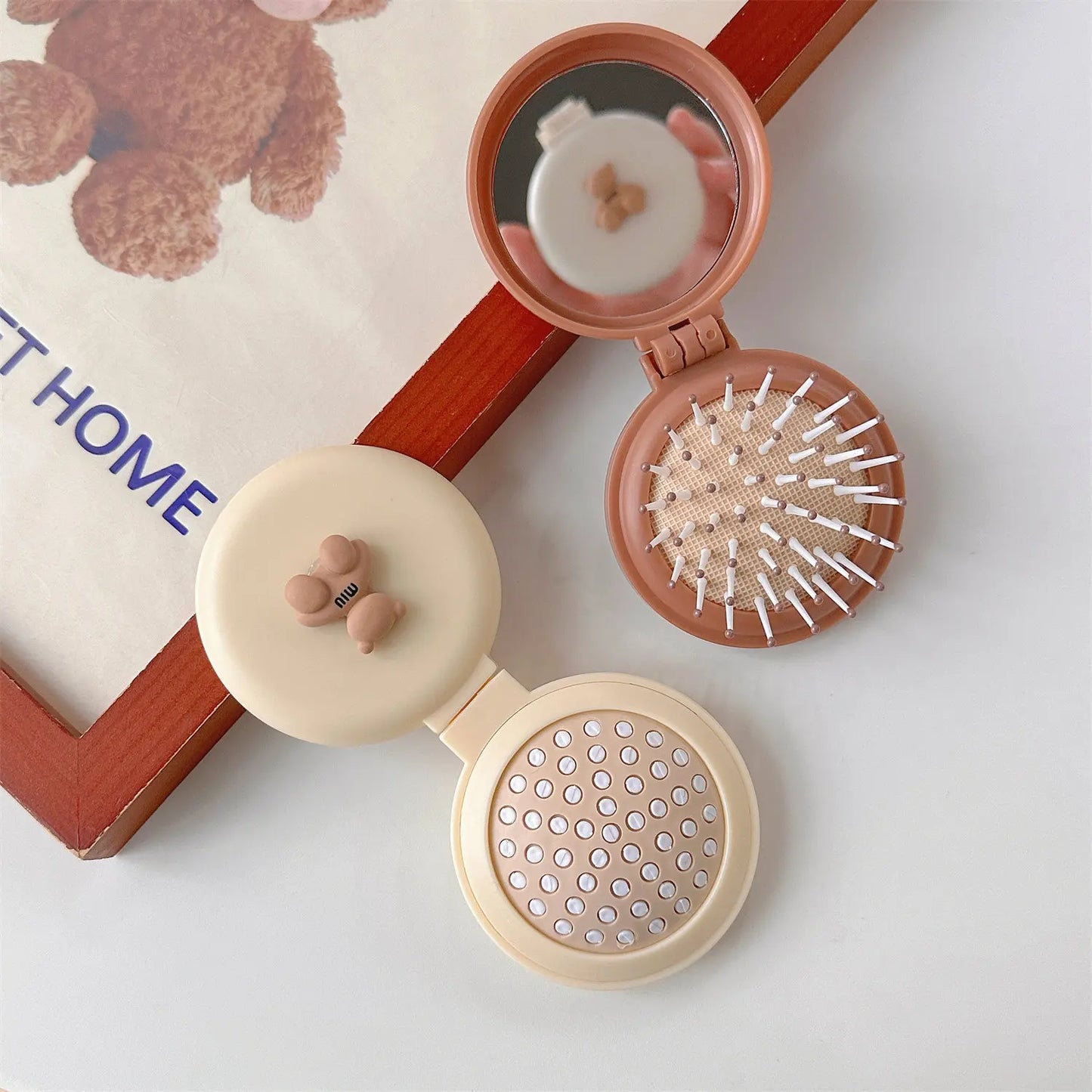 Mini Cute Foldable Head Massager Cartoon Air Bag Hair Comb Air Cushion Comb with Makeup Mirror Portable Hair Styling Comb Tools