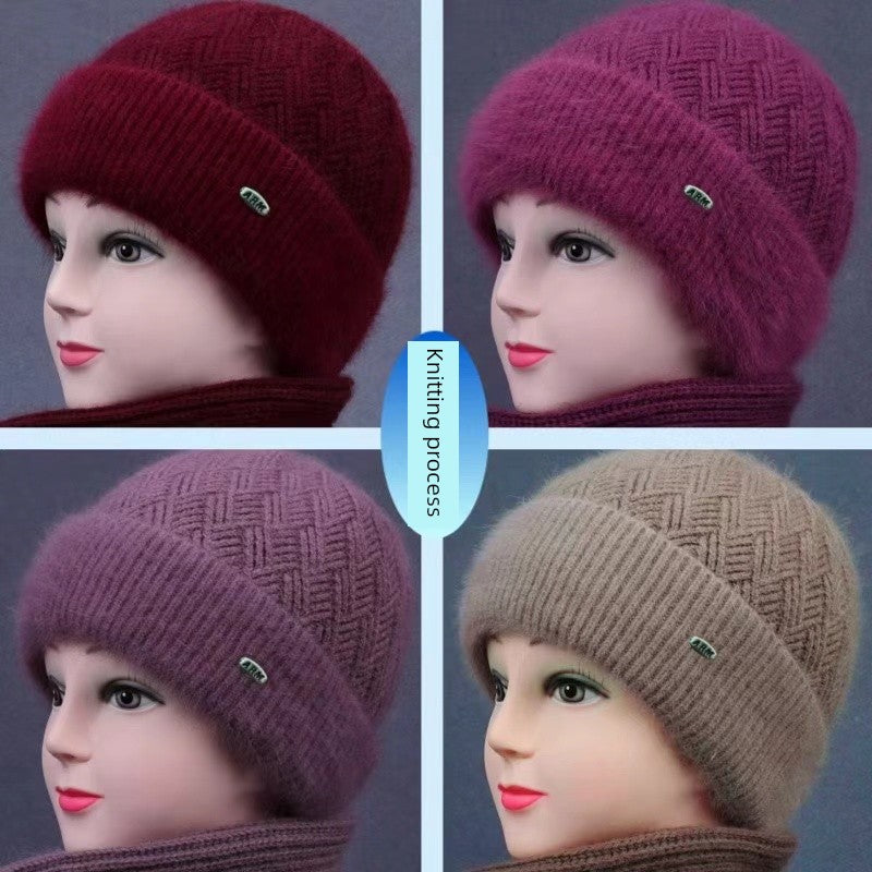 Winter Middle-Aged and Elderly People's Hats Female Ladieswear Rabbit Fur Knitted Warm Hat Women Woolen Cap Grandma Fleece-lined Cotton-Padded Cap