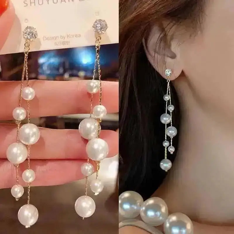 925 Silver Needle Korean Fashion Pearl Tassel Earrings For Women Jewelry Trending New Luxury Women's Zircon Pearl Earrings