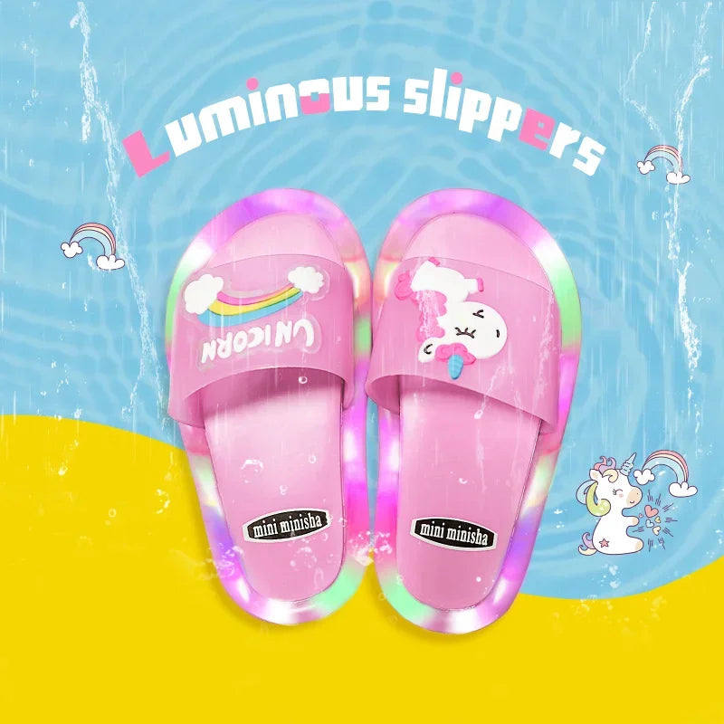 Kinder Hausschuhe für Jungen und Mädchen mit Cartoon-Einhorn-Motiv, mit Tier-Print, beleuchtet, modisch, niedlich, Schuhe, Badezimmer, Kinder, Kleinkinder, Hausschuhe, Kinderschuhe