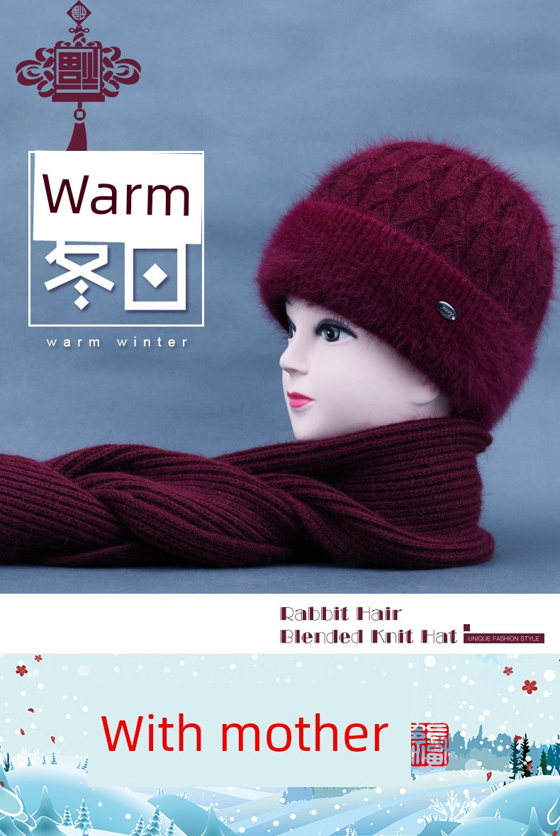 Winter Middle-Aged and Elderly People's Hats Female Ladieswear Rabbit Fur Knitted Warm Hat Women Woolen Cap Grandma Fleece-lined Cotton-Padded Cap
