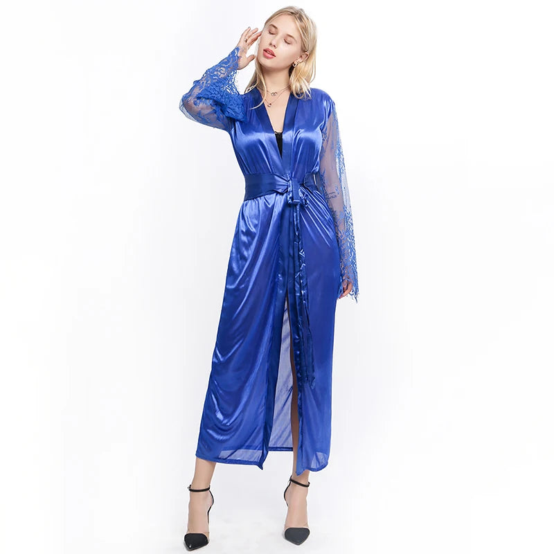 Womens Nightdress Long Lace Lingerie Nightwear Bath Robe Gown Imitation Ice Silk Nightdress Solid Color Nightgown