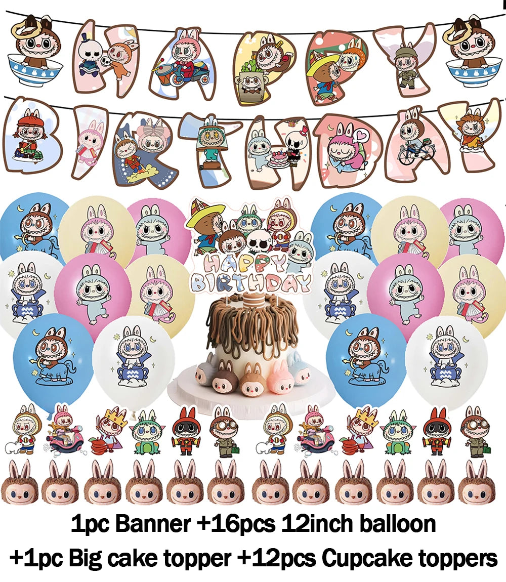 Cartoon LABUBU Theme Kids Birthday Party Banner Background Cake Topper Number Balloon Decoration Props Baby Party Supply Gifts