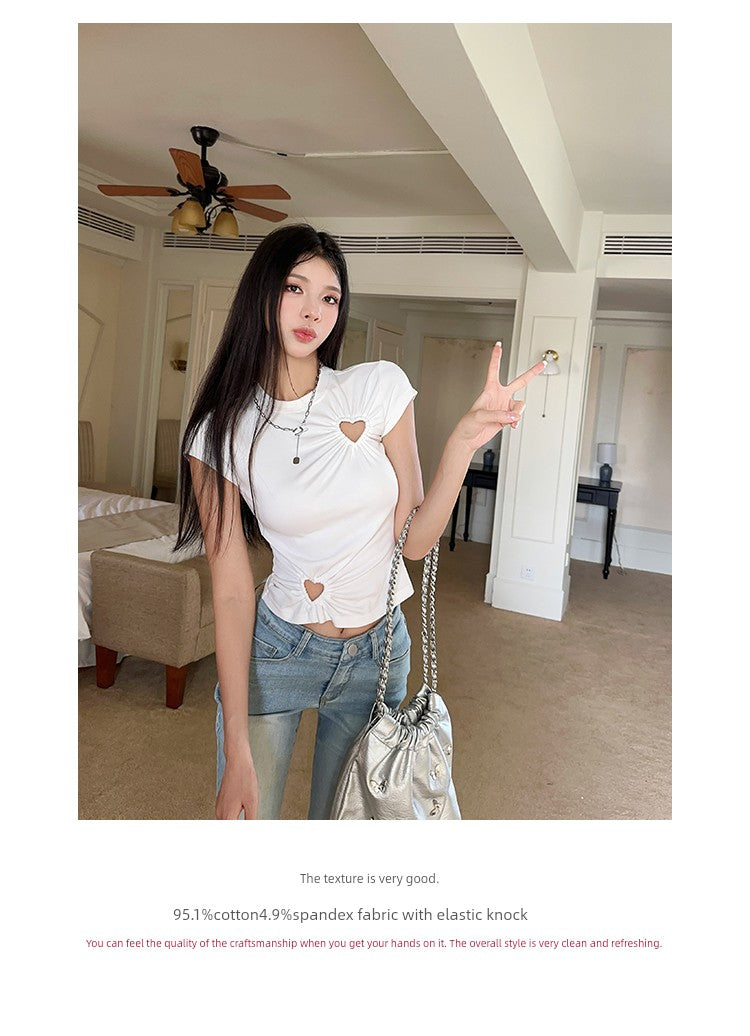 Cut Out Niche Style slim round Neck Top T-shirt with Short Sleeves for woman