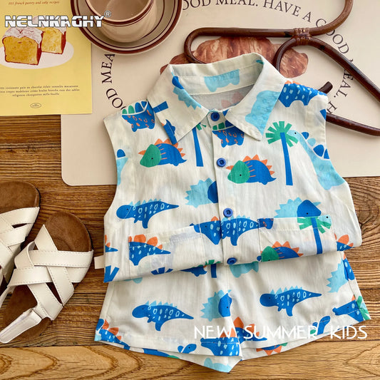 Kids Fashion 2-Piece Summer Beach Clothes Set for Toddler Boys Sleeveless Print Top Shirt+Shorts