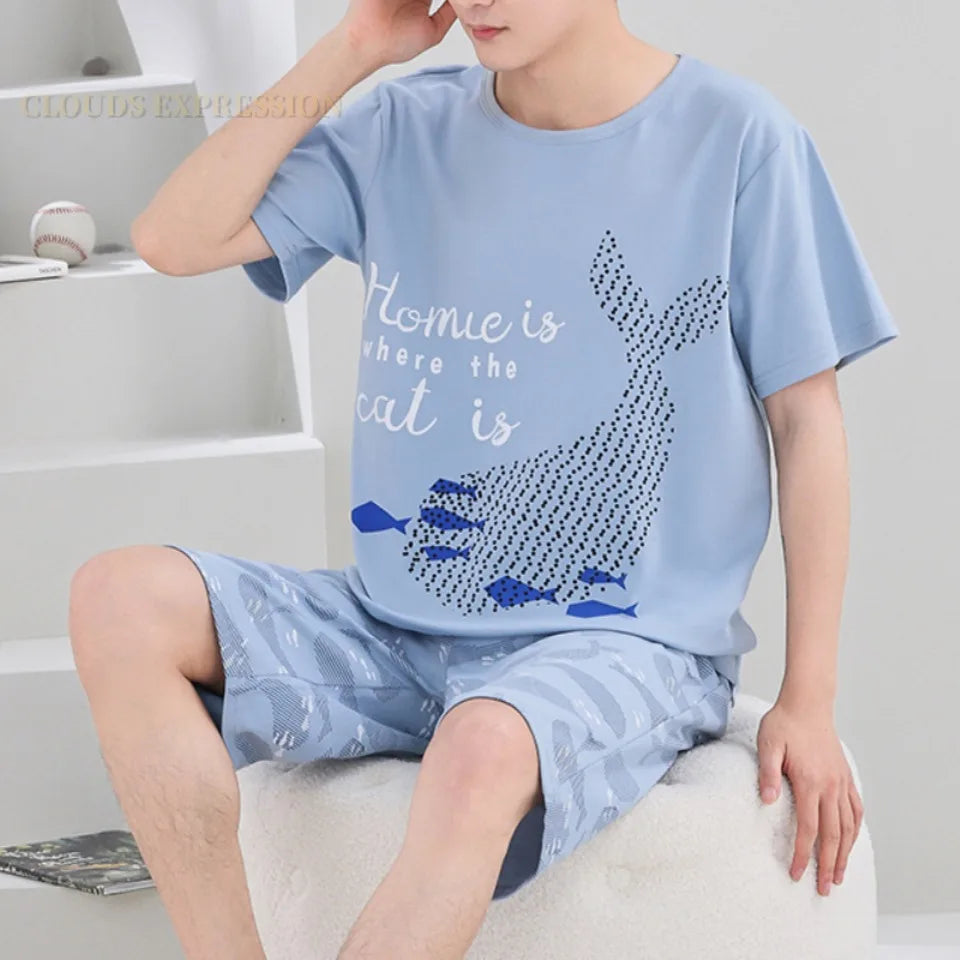 Summer 4XL Knitted Cotton Short Sleeved Men's Pajamas Sets Male Pajama Set Plaid Pajama For Men Sleepwear Suit Homewear mon