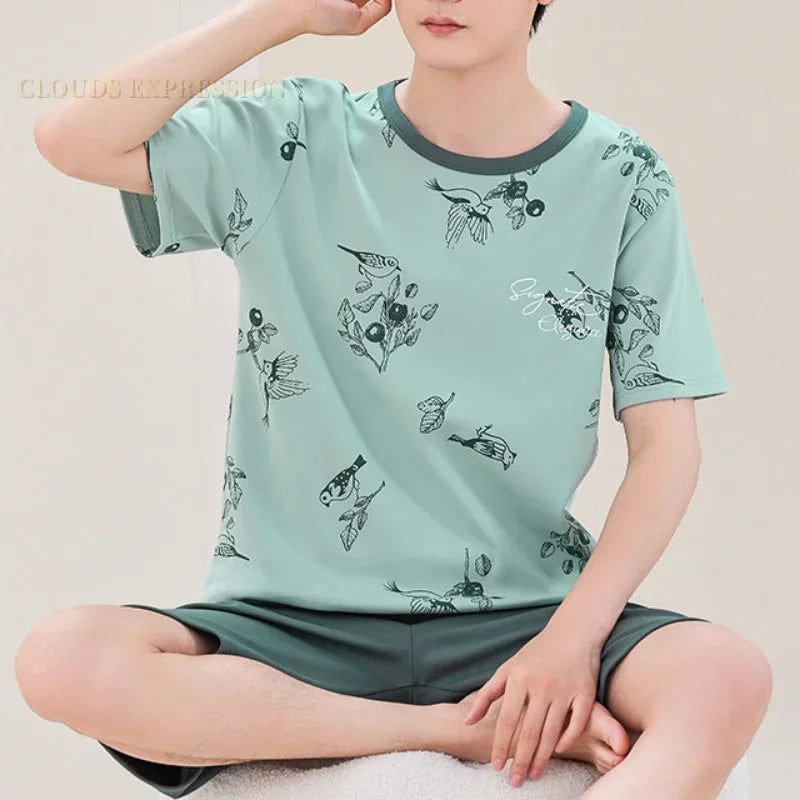 Summer 4XL Knitted Cotton Short Sleeved Men's Pajamas Sets Male Pajama Set Plaid Pajama For Men Sleepwear Suit Homewear mon