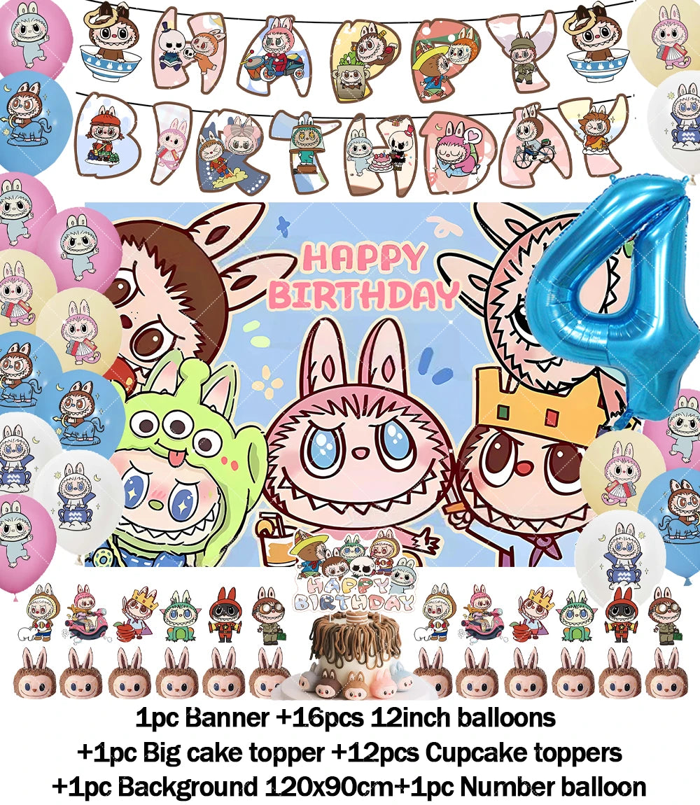 Cartoon LABUBU Theme Kids Birthday Party Banner Background Cake Topper Number Balloon Decoration Props Baby Party Supply Gifts