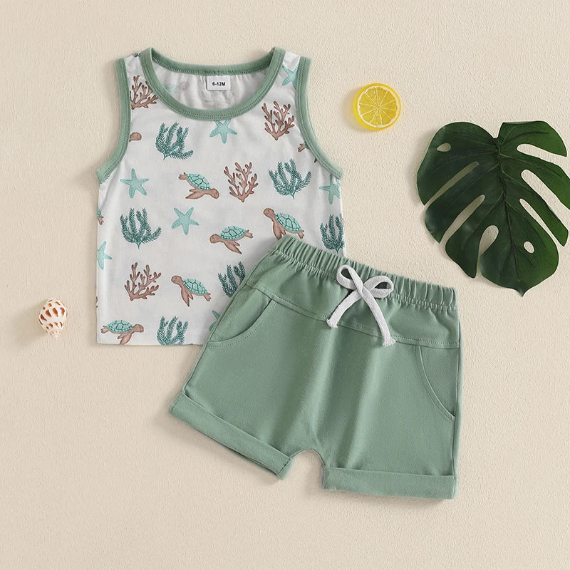 Infant Toddler Boy Summer Clothes Sleeveless Pattern Print Tank Vest Top Solid Jogger Shorts Set Beach Outfit