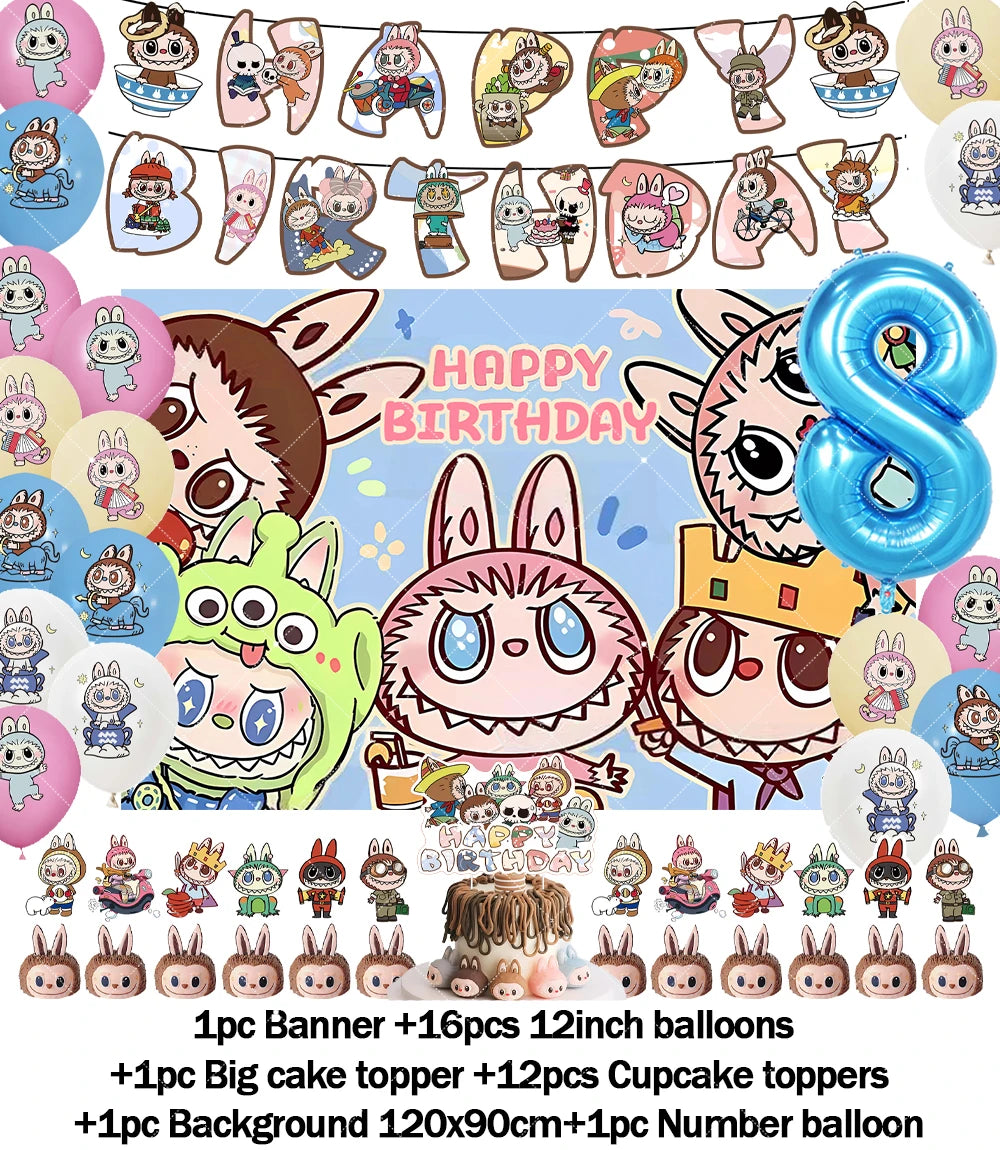 Cartoon LABUBU Theme Kids Birthday Party Banner Background Cake Topper Number Balloon Decoration Props Baby Party Supply Gifts