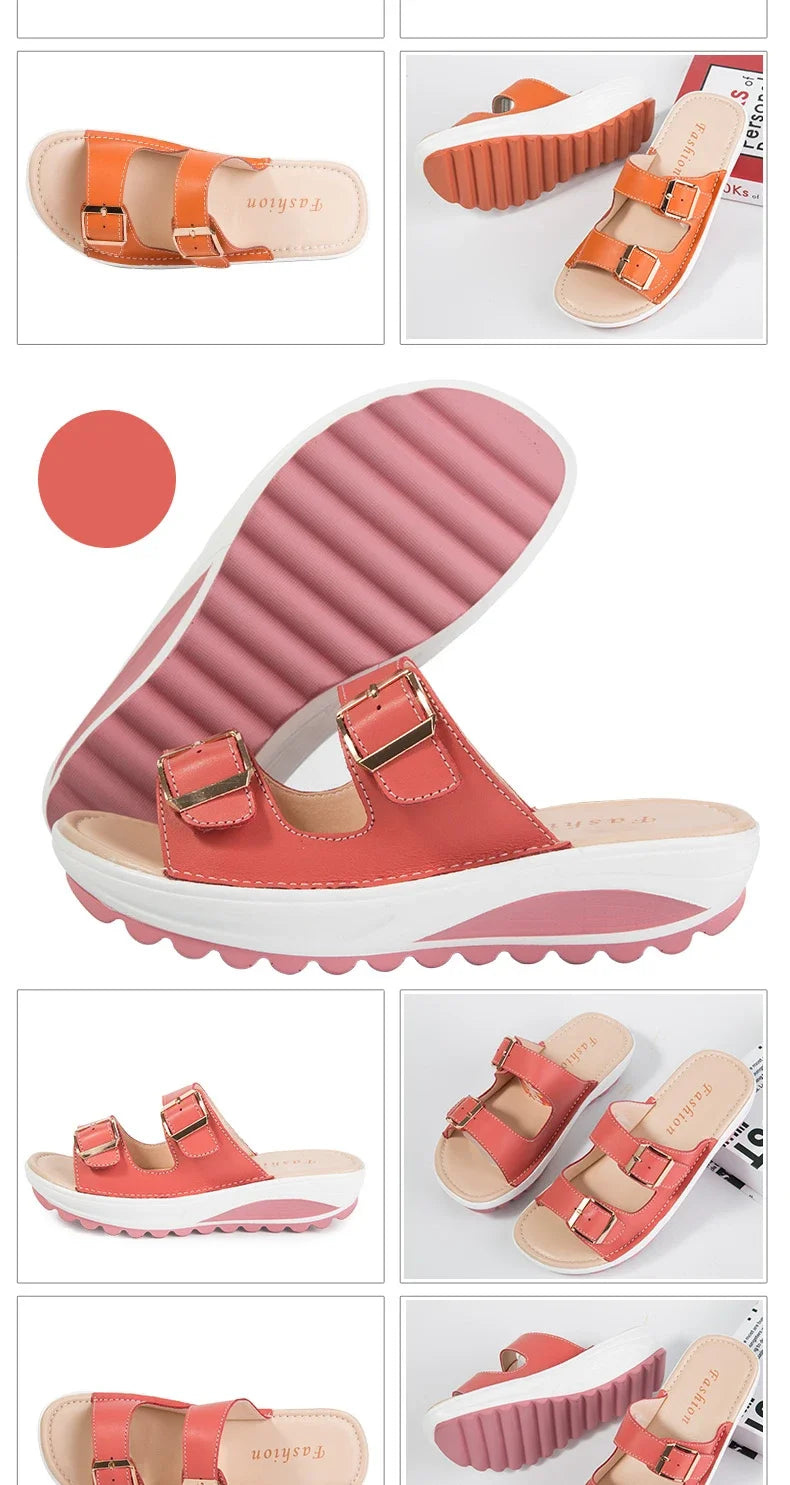 Summer Women Wedge Sandals Belt Buckle Open Toe Vintage Anti-slip Casual Female Slippers Platform Shoes Ladies Loafers