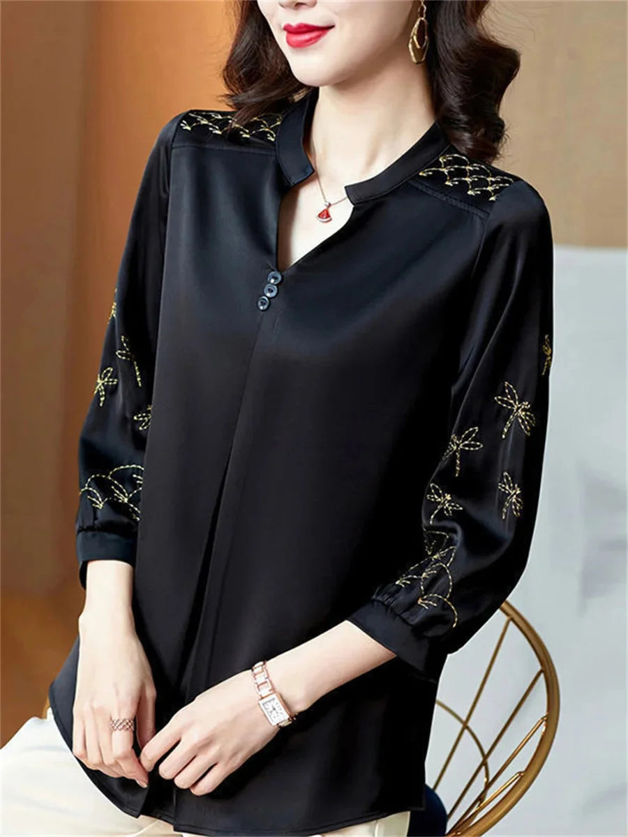 Women Spring Summer Blouses Shirts Lady Fashion Casual Three Quartz Sleeve V-Neck Embroidery Blusas Tops