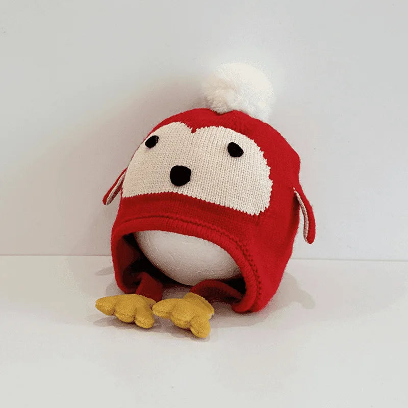 Kids Boys Girls Knitted Hats Winter Thick Warm Cute Cartoon Penguin Beanies Warm Ear Protection Cap for Children 0-4Years Baby