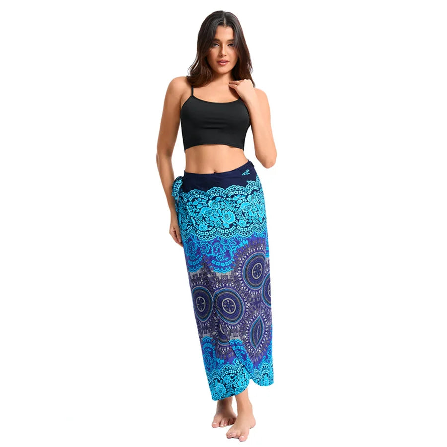 Women’s Boho Maxi Wrap Long Skirt Tie Up Beach Cover Up Dress Vintage Bohemian Adjustable High Waisted Holiday Rayon Dress