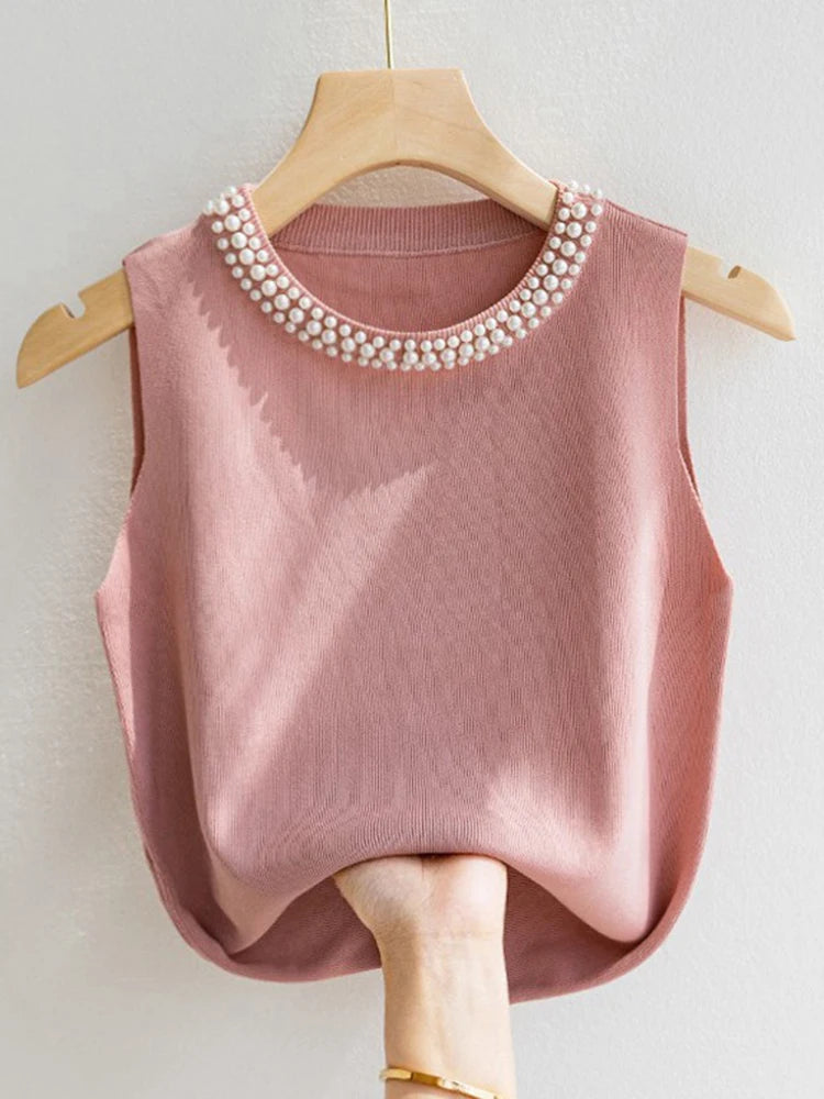 Knitted Vests Women Top Solid Tank Blusas Mujer De Moda Summer New Fashion Female Sleeveless Beading Casual Thin Tops
