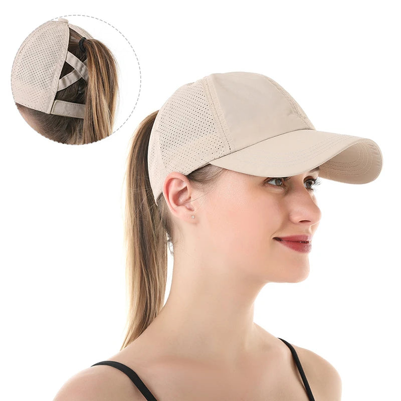 Summer Solid Color Baseball Caps Golf Wear Women Sport Leisure Cross Ponytail Hat Mesh Quick-Drying Half-Hollow