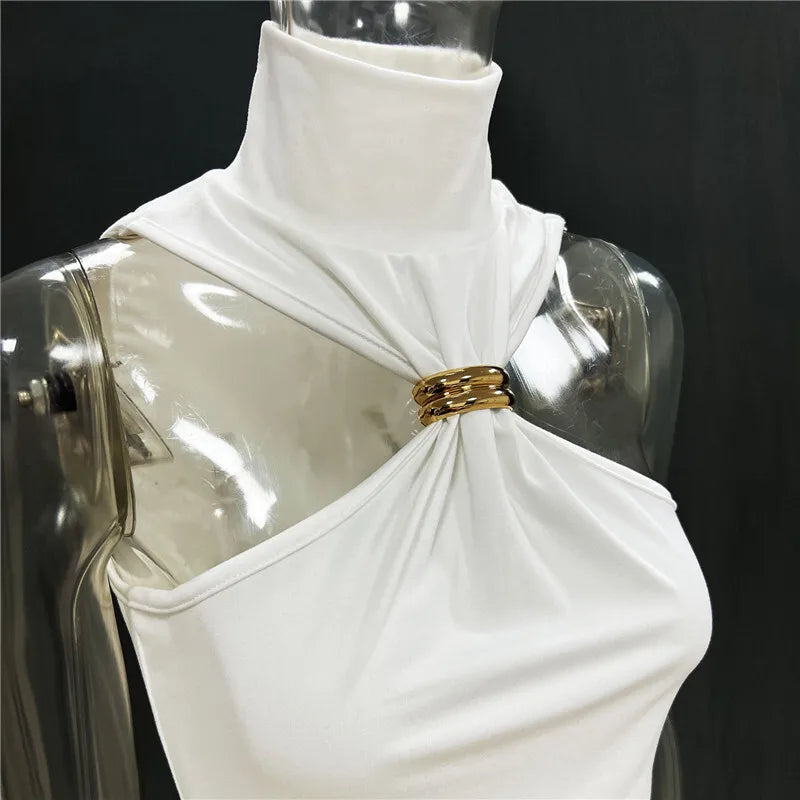 Mozision Turtleneck Basic Knit Tank Tops Women Vest Pullovers Metal Ring Camisole Sleeveless Skinny Knitted Tops Y2K Cropped Top