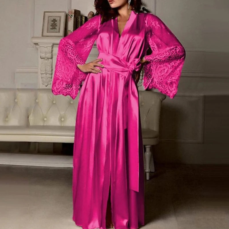 Womens Nightdress Long Lace Lingerie Nightwear Bath Robe Gown Imitation Ice Silk Nightdress Solid Color Nightgown