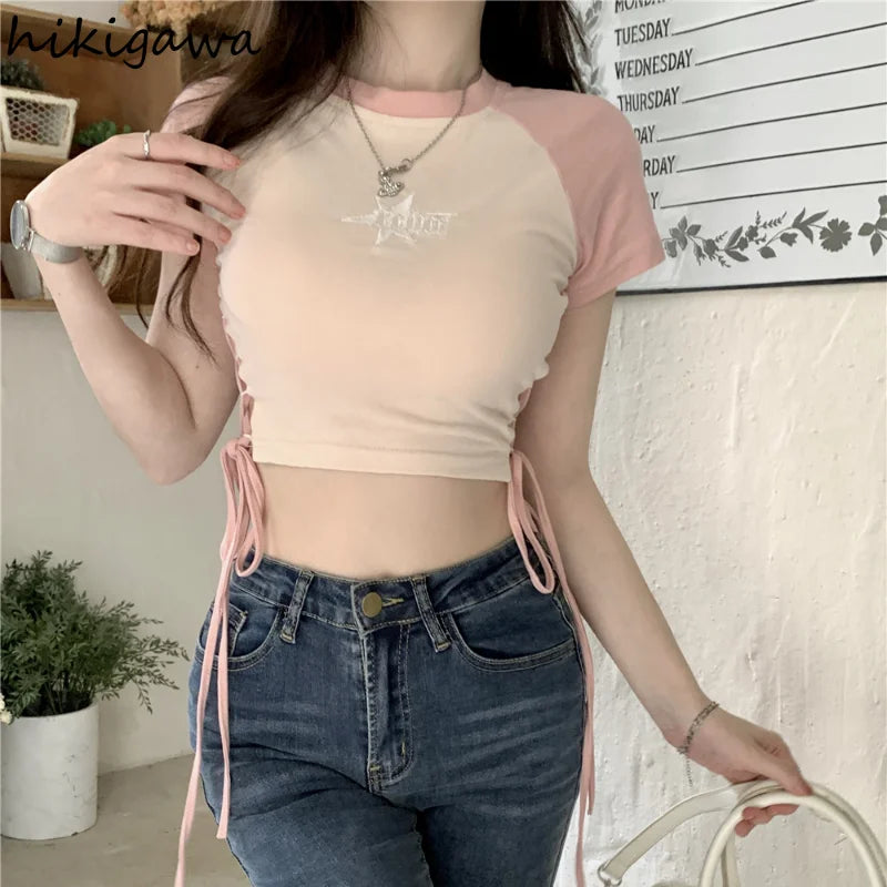 Woman Tshirt Bandage Slim Waist Hollow Out T Shirt Summer Casual T-shirts Crop Tops Shirts for Women