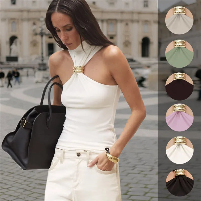 Mozision Turtleneck Basic Knit Tank Tops Women Vest Pullovers Metal Ring Camisole Sleeveless Skinny Knitted Tops Y2K Cropped Top
