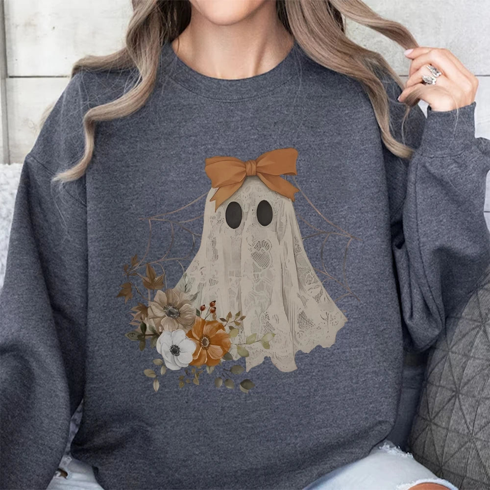 Loose Crew Neck Hoodie Cotton High Quality Soft Comfortable Halloween Cute Ghost Graphic Print Fashion Trend New Sweatshirt