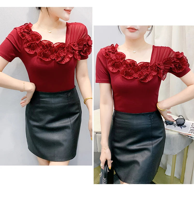 Summer Cotton T-shirts Chic Asymmetric Neckline Off-Shoulder Ruffle Trim Slim Fit Tee Exclusive Boutique Women's Casual Top