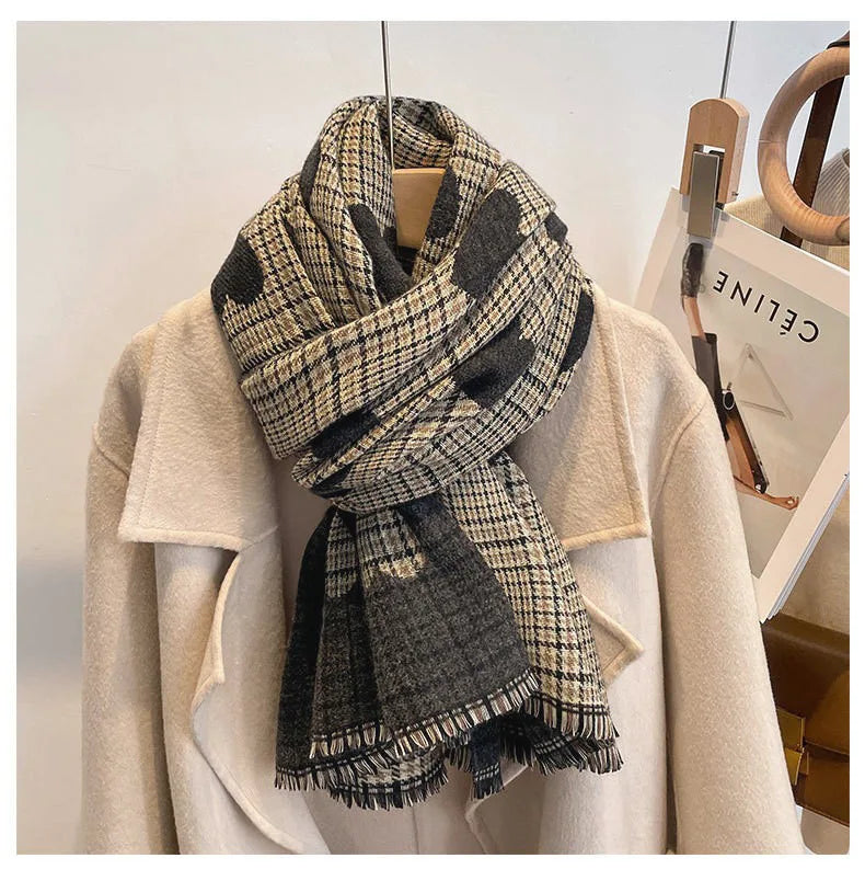 Double Side Cashmere Scarf Autumn Winter Women's Love Heart Plaid Fashion Ladies Long Thickened Warm Knitted Scarf Hijab Stole