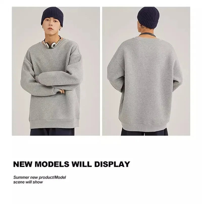heavy cotton sweater men's autumn new loose and thick long-sleeved t-shirt solid color Japanese crew neck bottoming shirt mon