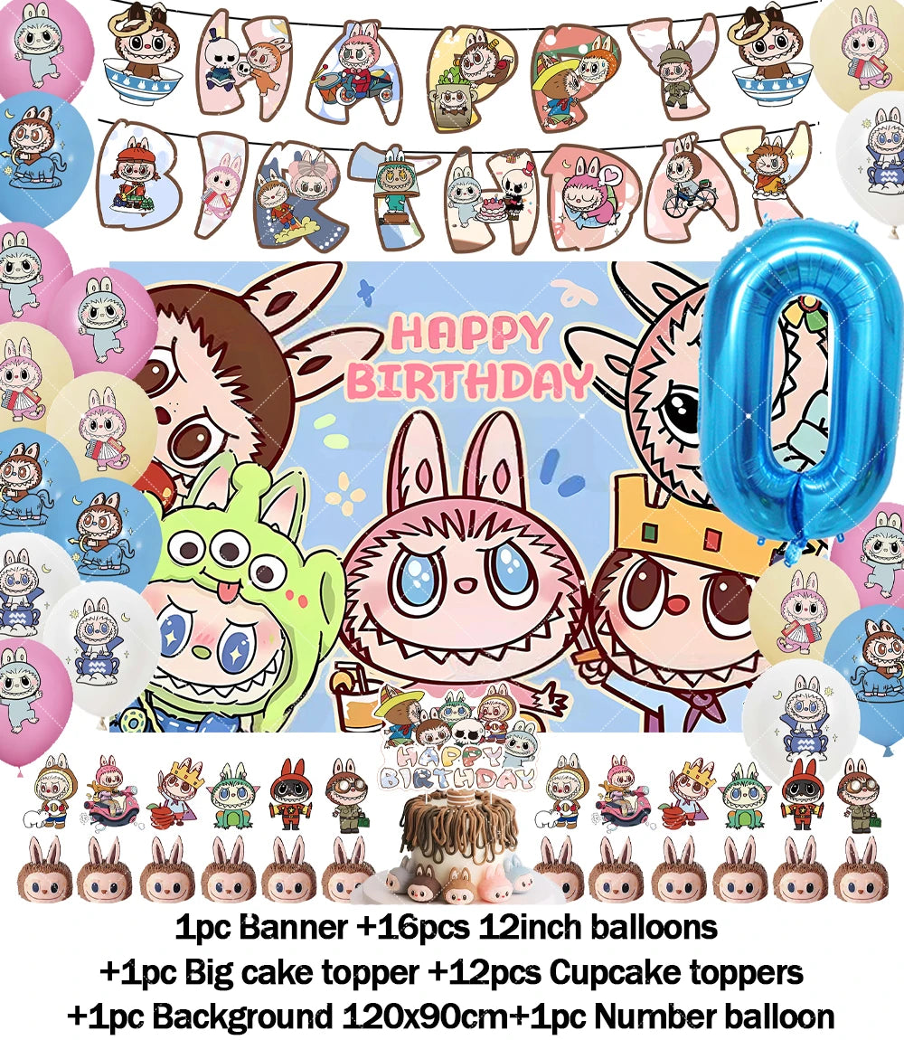 Cartoon LABUBU Theme Kids Birthday Party Banner Background Cake Topper Number Balloon Decoration Props Baby Party Supply Gifts