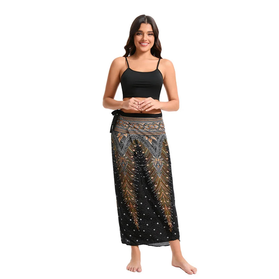 Women’s Boho Maxi Wrap Long Skirt Tie Up Beach Cover Up Dress Vintage Bohemian Adjustable High Waisted Holiday Rayon Dress