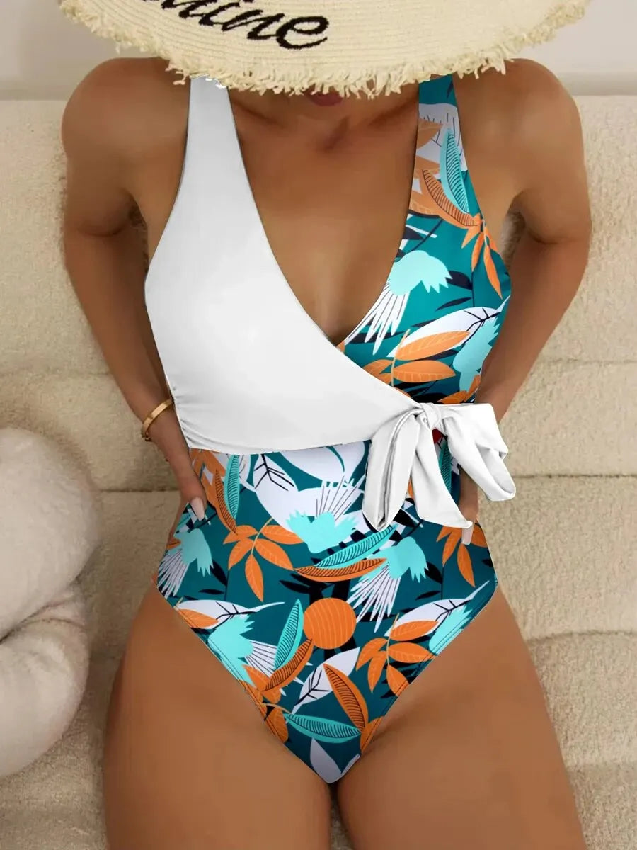 2025 Tropical Print Swimsuit One Piece Knot Side Belted Swimwear Women Padded Bathing Suit Female Swimming Summer Beachwear