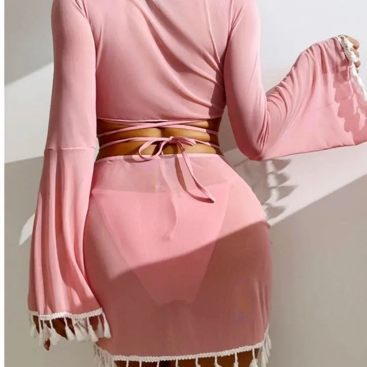 New Conservative Four Piece Solid Color Tassel Hoodie, Mesh Skirt, Bikini Swimsuit for Women