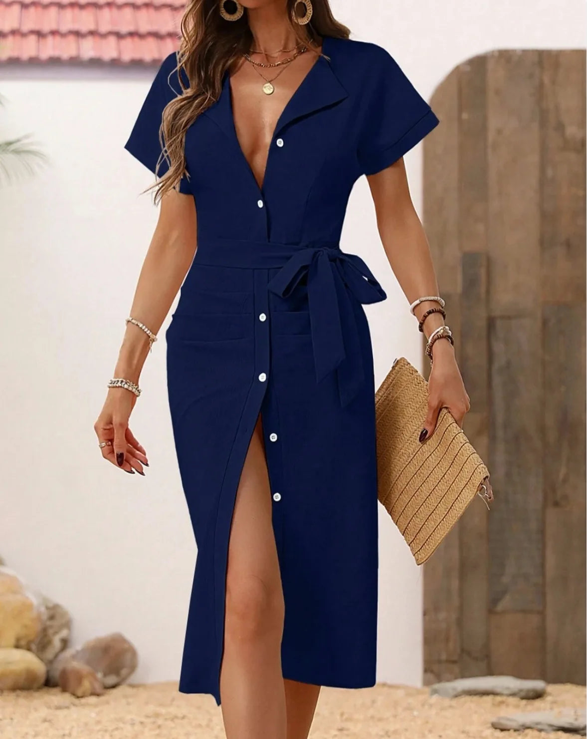 Women's Casual V Neck Short Sleeved Single-breasted Lace-up MIDI Dress Summer Solid Color Stylish Elegant Female Shirt Dresses