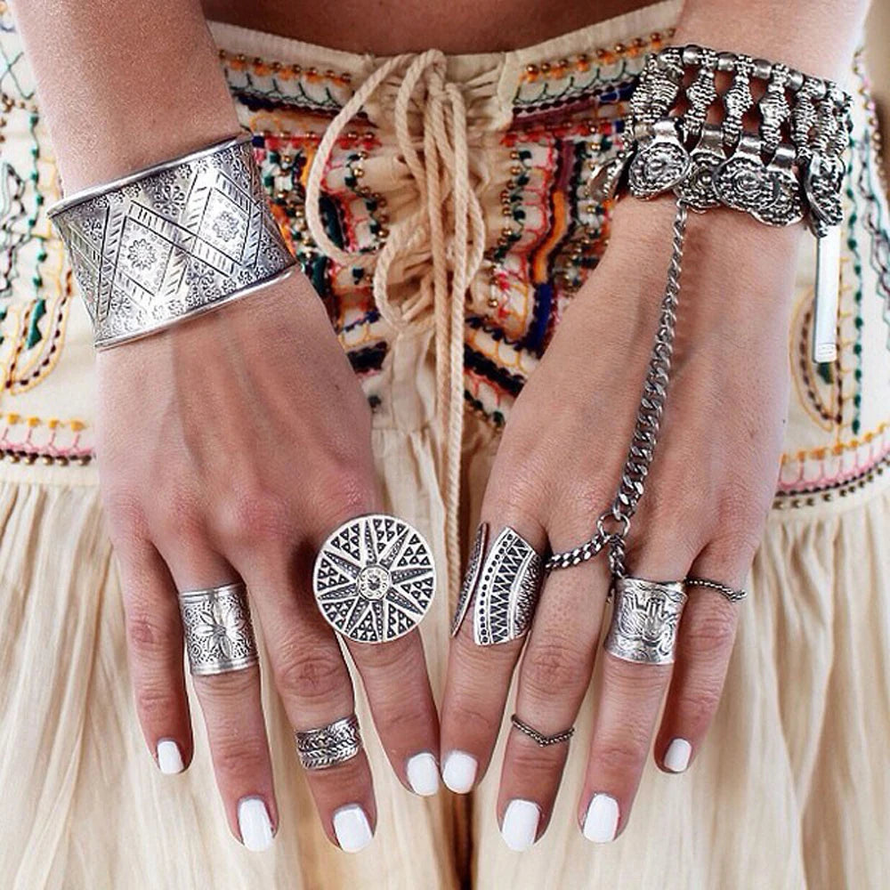 8 Pcs/Set Vintage Silvery Sun Geometric Pattern Engraved Ring for Women Men Boho Gypsy Afghan Ethnic Bride Wedding Rings Jewelry