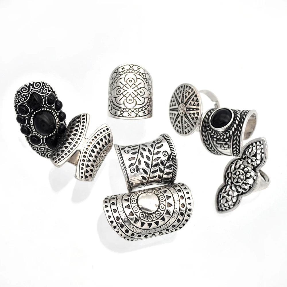 8 Pcs/Set Vintage Silvery Sun Geometric Pattern Engraved Ring for Women Men Boho Gypsy Afghan Ethnic Bride Wedding Rings Jewelry