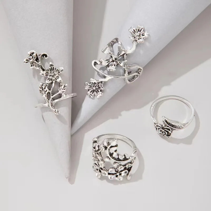 4PCS/Set Forest Vine Leaf Flower Ring Vintage Punk Antique Carved Midi Finger Ring Women Bohemian Rings