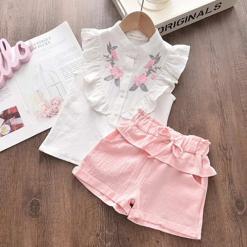Bear Leader Girls' Clothing Set Summer New Casual Children's Embroidered Sleeveless Shirt + Shorts Set Girls' Baby Clothing