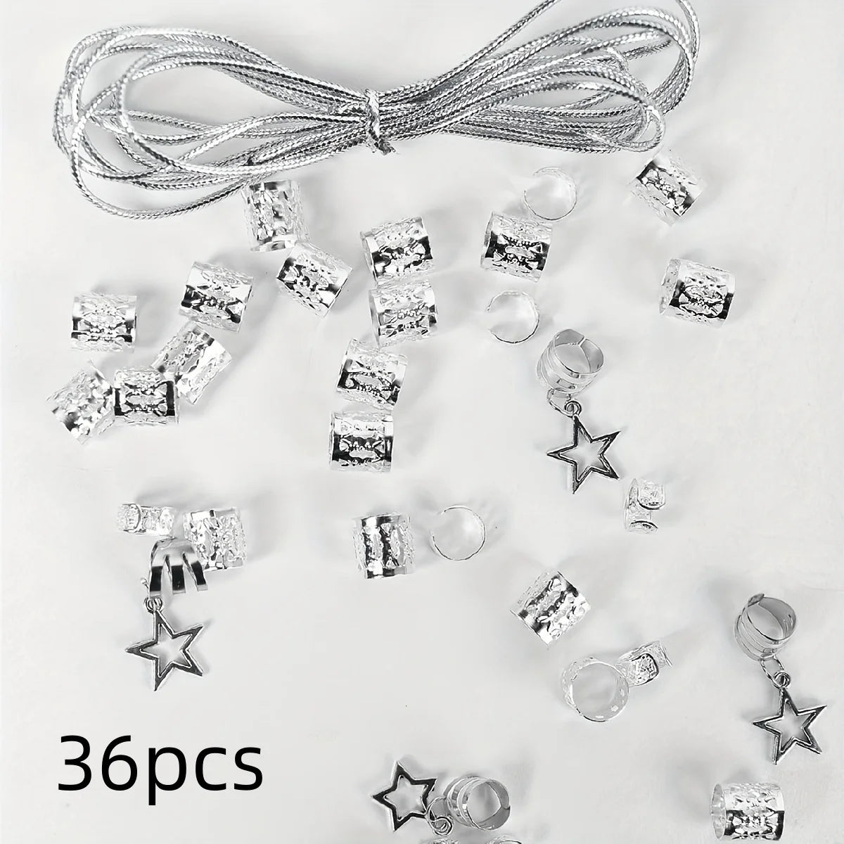 36pcs Star Decor Hair Ring Accessories ,Beads Hair Braid Rings Clips Dread Locks Hair Braiding Metal Cuffs Decoration