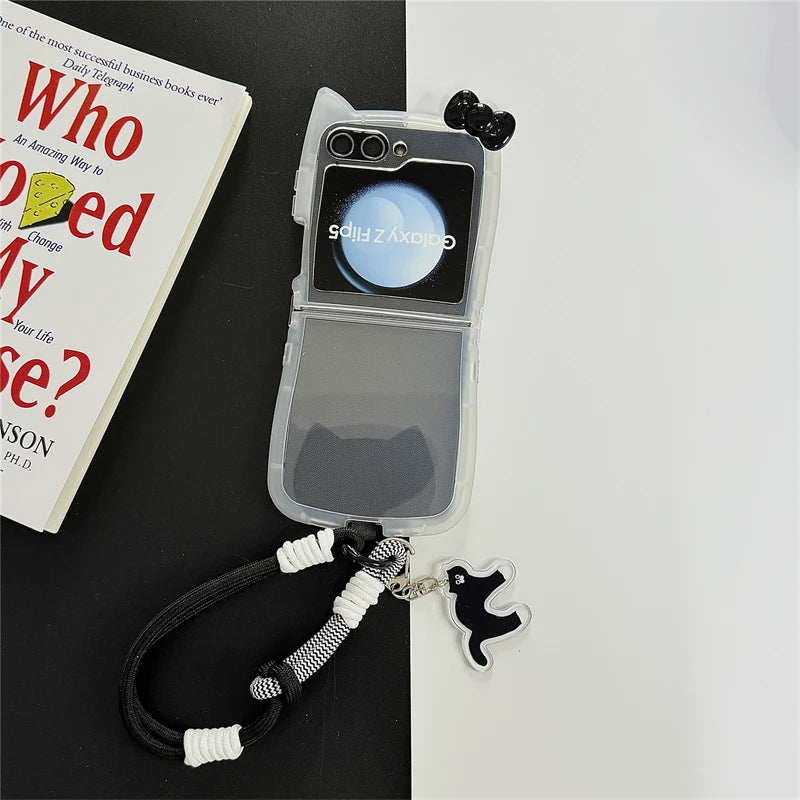 Korean Cute 3D Cat Phone Case For Samsung Galaxy Z Flip 6 5 4 Z Flip5 Flip6 Flip4 5G Cover with Hand Strap Pendant Silicone Capa