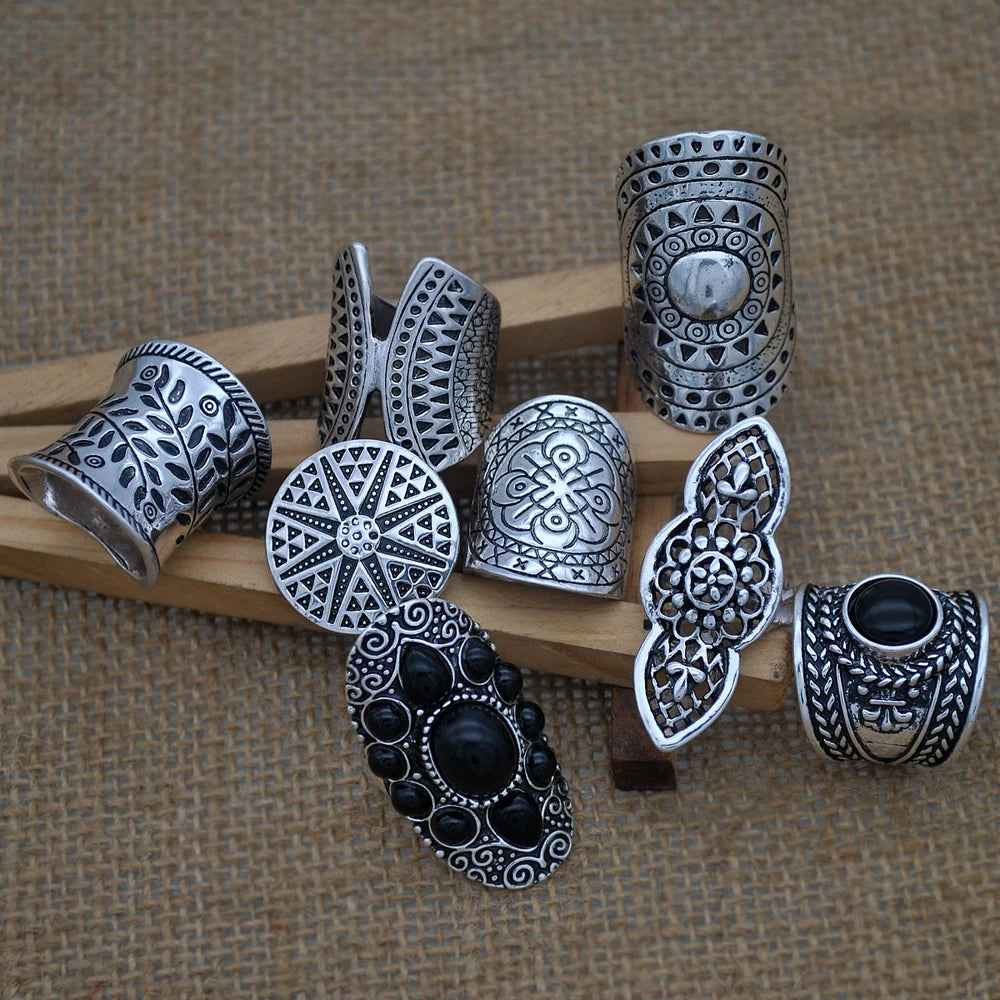 8 Pcs/Set Vintage Silvery Sun Geometric Pattern Engraved Ring for Women Men Boho Gypsy Afghan Ethnic Bride Wedding Rings Jewelry
