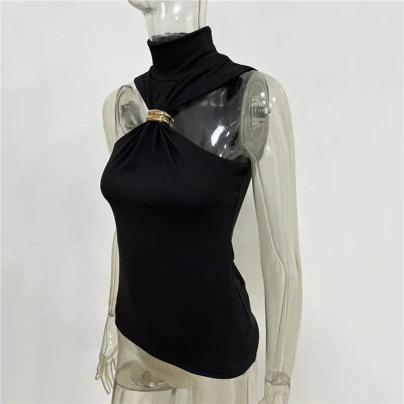 Mozision Turtleneck Basic Knit Tank Tops Women Vest Pullovers Metal Ring Camisole Sleeveless Skinny Knitted Tops Y2K Cropped Top