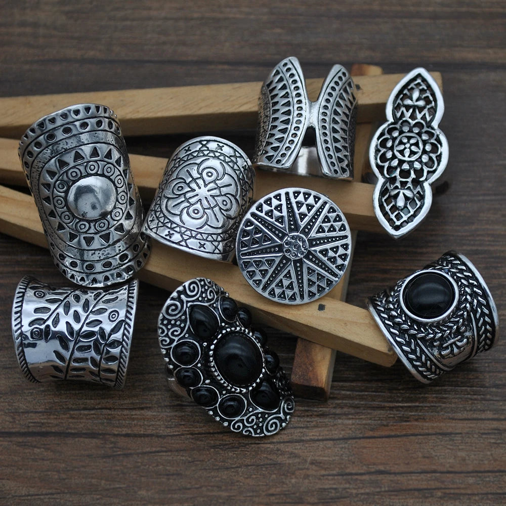 8 Pcs/Set Vintage Silvery Sun Geometric Pattern Engraved Ring for Women Men Boho Gypsy Afghan Ethnic Bride Wedding Rings Jewelry