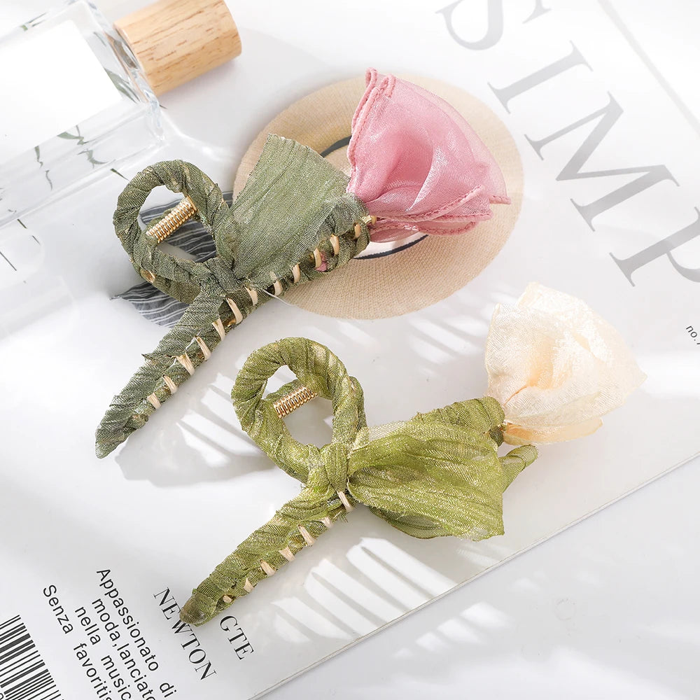 مشبك شعر من Haimeikang Tulip Tulle Shark Clip للنساء، دبوس شعر أنيق على شكل ذيل حصان، إكسسوارات شعر عصرية للفتيات